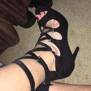 Strappy black suede heels
